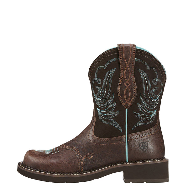 side view of mid-rise dark brown cowgirl boot with light blue embroidery 