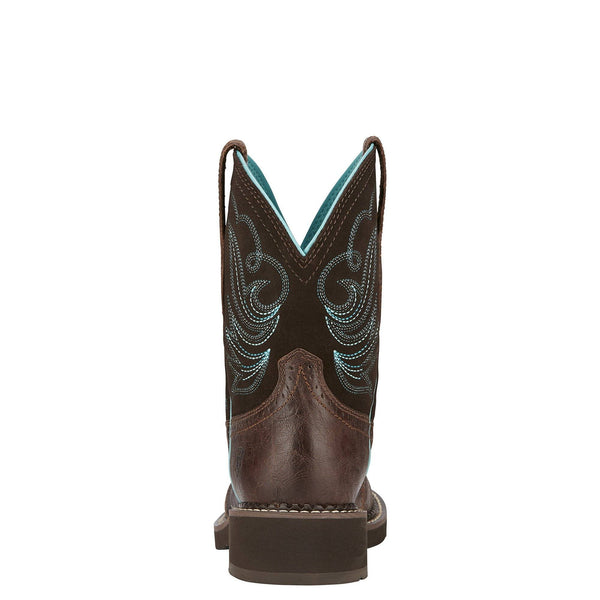 back view of mid-rise dark brown cowgirl boot with light blue embroidery 