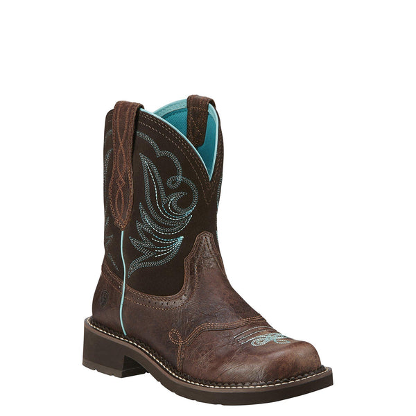 mid-rise dark brown cowgirl boot with light blue embroidery 