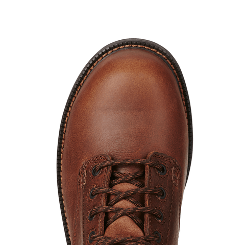 round toe on red brown work boot with black sole