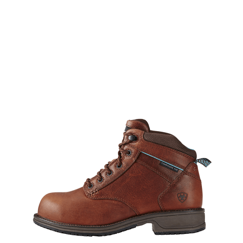 side view red brown work boot with black sole 