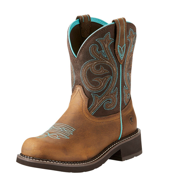 angled view of mid-rise cowgirl boot with light blue and brown embroidery 