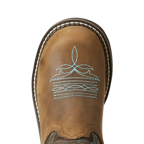rounded toe on mid-rise cowgirl boot with light blue and brown embroidery 