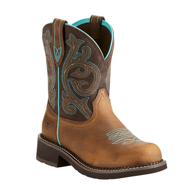 mid-rise cowgirl boot with light blue and brown embroidery 