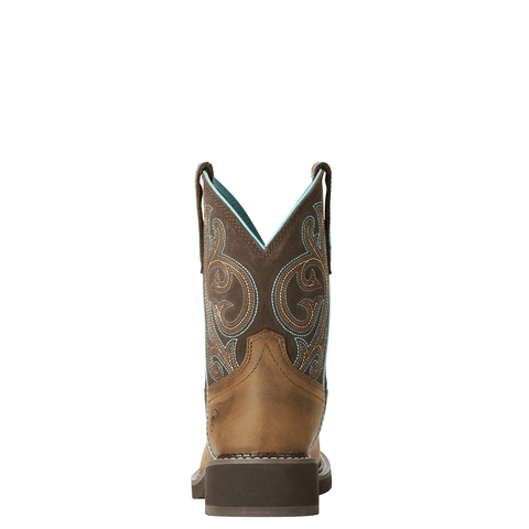 back view of mid-rise cowgirl boot with light blue and brown embroidery 