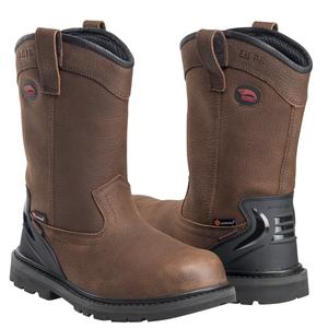 two Tall dark brown work boot with black sole