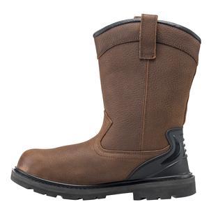 alternative side view of Tall dark brown work boot with black sole
