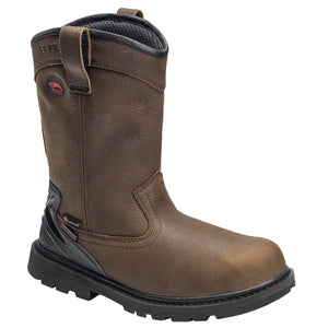 Tall dark brown work boot with black sole