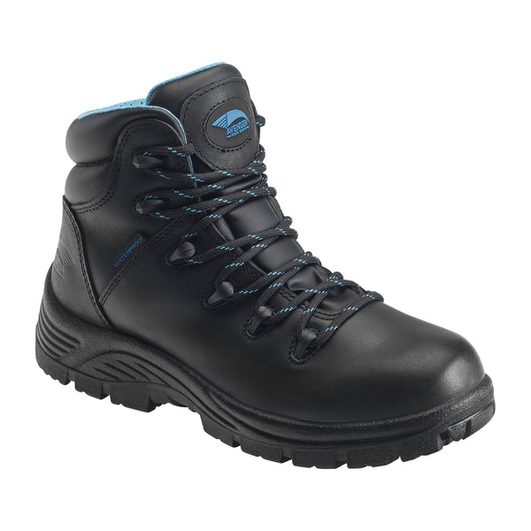black hiking boot with a matte finish and blue logo on tongue 
