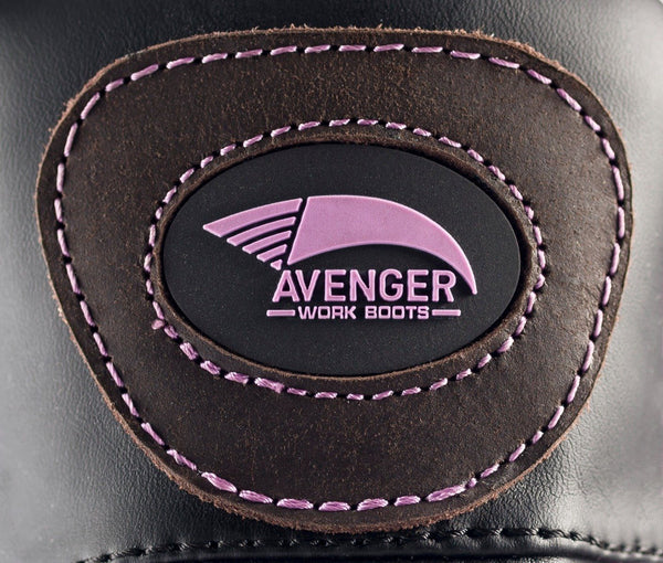 purple logo and stitching on brown hiking boot