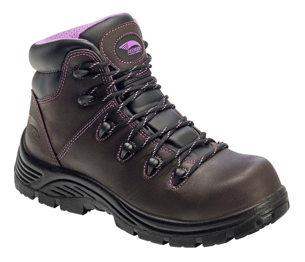 dark brown hiking boot with purple accents and stiches 