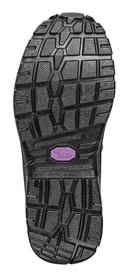 black sole on hiking boot with purple logo