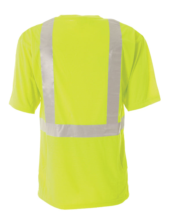 back view of reflective yellow and silver safety shirt