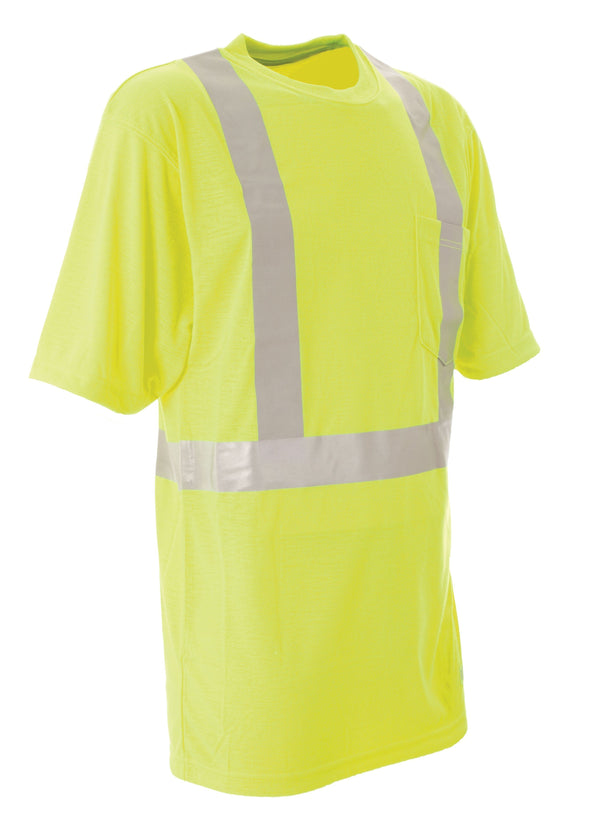 angled view of reflective yellow and silver safety shirt