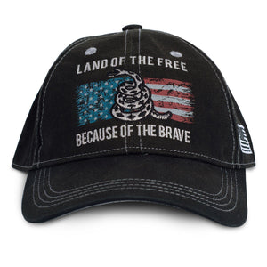 black hat with Land of the free because of the brave embroidered on it an a snake on top of a distressed American flag design 