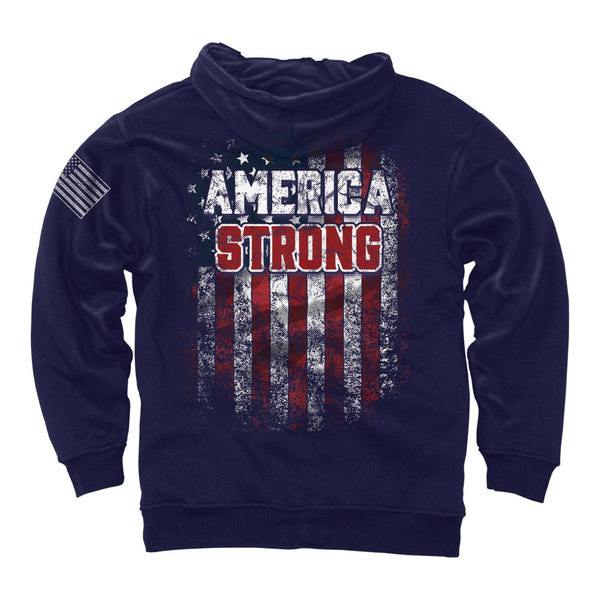 Blue hoodie with Distressed American flag design and America Strong written in block lettering on back