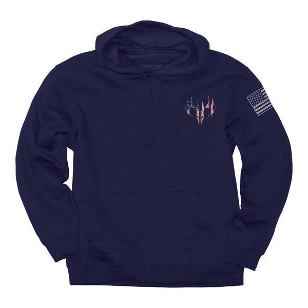 blue hoodie with American flag deer skull on chest pocket area and white American flag on bicep