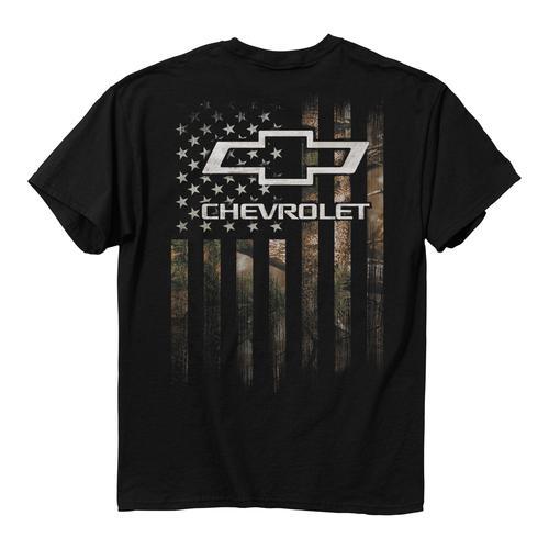 Black tshirt with Chevrolet logo and camo American flag design