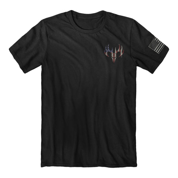 black tshirt with deer skull American flag on chest pocket and American flag on sleeve