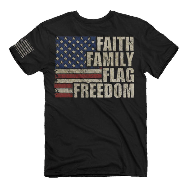 black tshirt with a distressed American flag image and Faith Family Flag Freedom written on the back