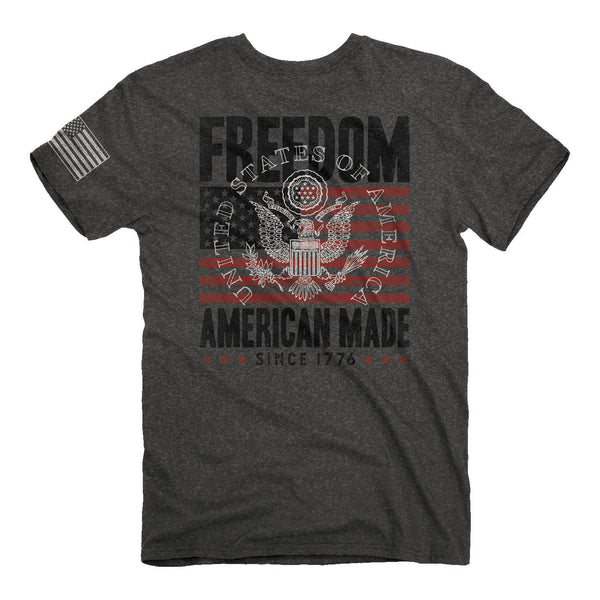 heather grey t-shirt with American flag design overlaid with the United States of America seal and Freedom American Made Since 1776 written on the back