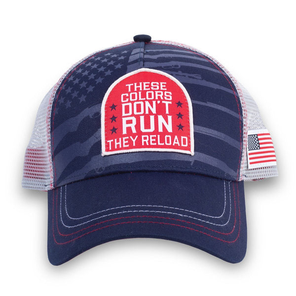 blue hat with American flag pattern and These colors don't run they reload written on a red patch