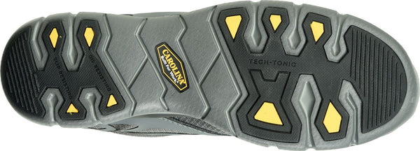 sole and tread of athletic work shoe in grey, black, and yellow with Carolina logo in arch