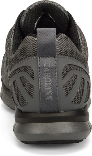 back heel view of grey mesh and microfiber athletic work shoe with Carolina logo on heel strap