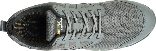 top view of grey mesh and microfiber athletic work shoe with grey laces