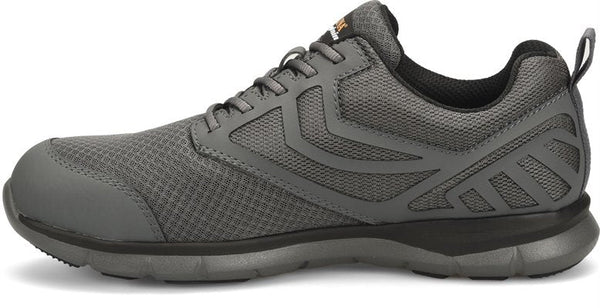 inner side view of grey mesh and microfiber athletic work shoe with grey laces