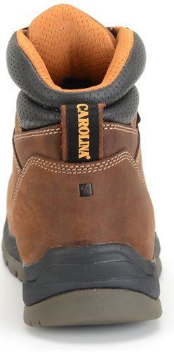 back view of brown high top men's work boot with Carolina logo on pull strap