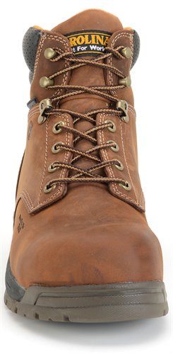 front view of brown men's lace up round toe work boot with brown and tan laces
