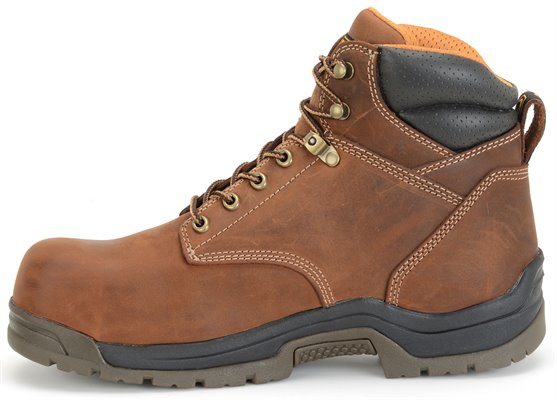 alternate side view of brown high top men's lace up work boot with white stitching