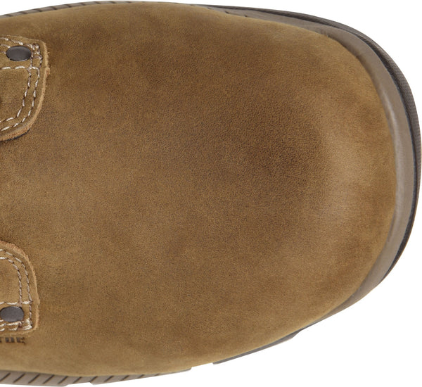 close up view light brown round toe of mens work boot