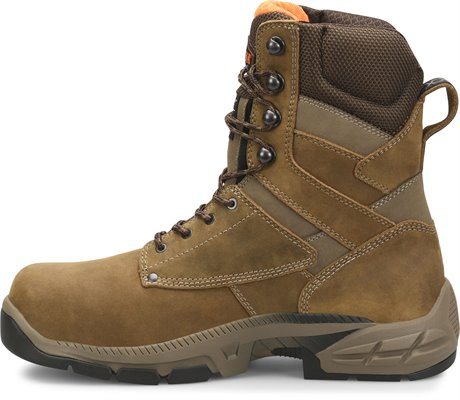 left side view of mens light brown lace up work boots with tan sole and dark brown cushioned ankle cuff