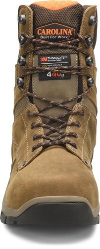 front view of mens light brown lace up work boots with carolina logo on top of tongue