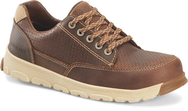 women's brown and tan oxford work shoe with laces and perforated pattern in top leather