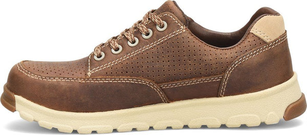 alternated side view of women's brown and tan oxford work shoe with laces and perforated pattern in top leather
