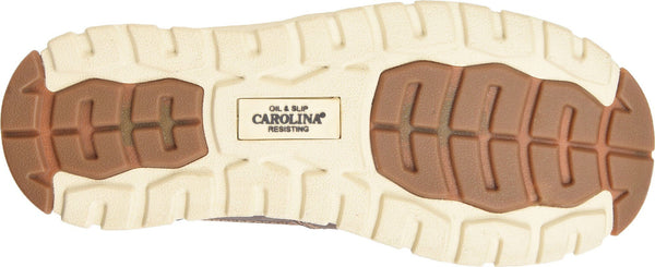 white and tan outsole of women's oxford work shoe with "Carolina oil & slip resisting" stamped in center