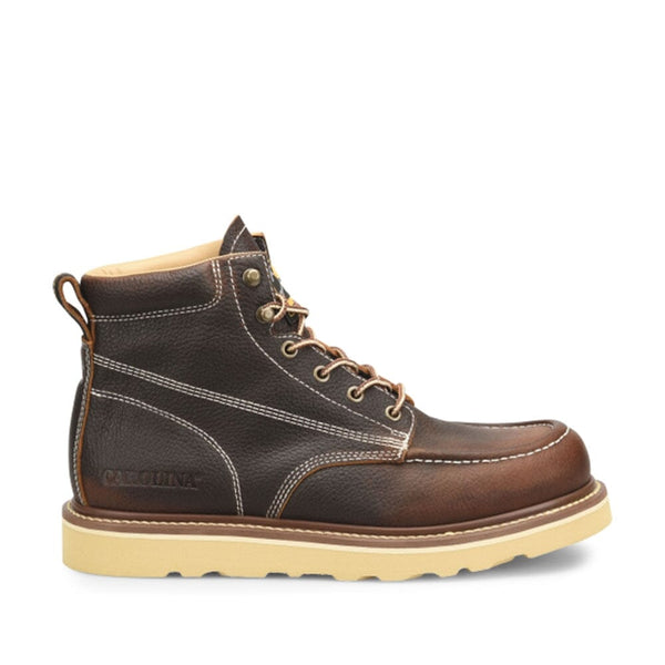 mens brown moc toe boot with tan sole and white stitching