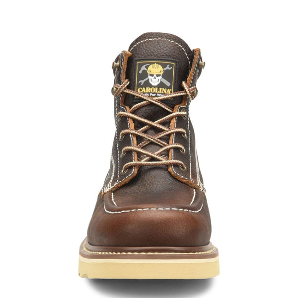 mens brown moc toe boot with tan sole and brown and white laces