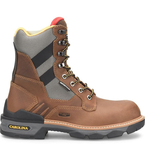 right side view of high top round toe brown work boot with black and grey accent on the shaft and black and yellow laces