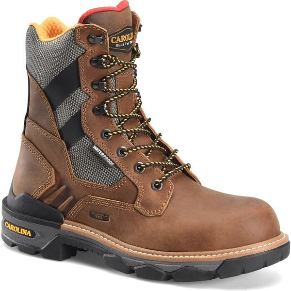 high top round toe brown work boot with black and grey accent on the shaft and black and yellow laces