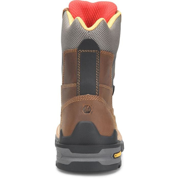 back view of high top round toe brown work boot with black and grey accent on the shaft