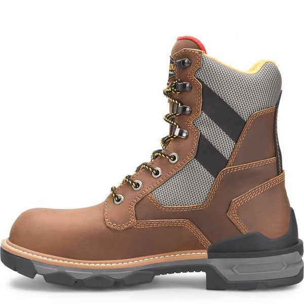 left side view of high top round toe brown work boot with black and grey accent on the shaft and black and yellow laces