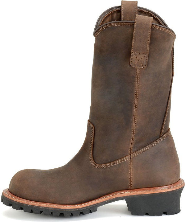 alternate side view of men's distressed brown 12 inch pull on work boot with pull straps