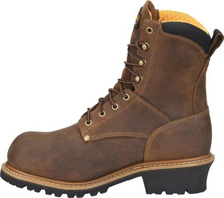 side of hightop brown work boot with black sole
