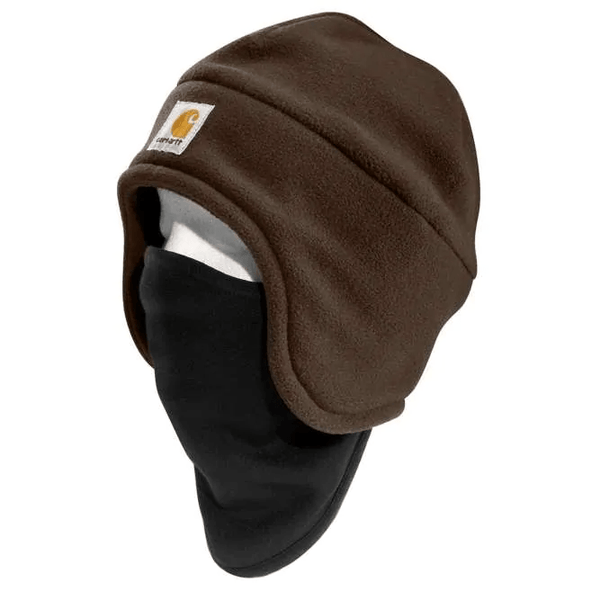 brown fleece work hat with black fleece face mask