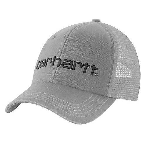 front of grey ball cap mesh back curved bill black carhartt embroidered logo