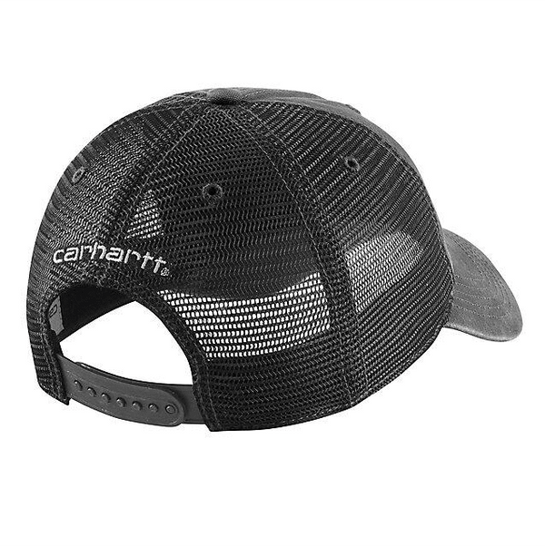 back view distressed black canvas and mesh snapback hat with Carhartt on back